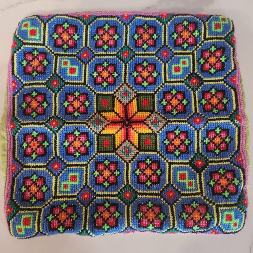 Vibrant Geometric Embroidered Pillow Cover Accent Cushion Case handmade vintage